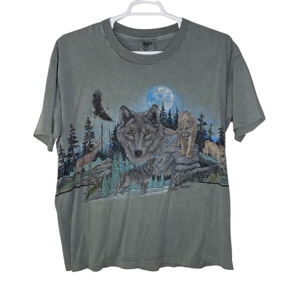 Vintage‎ Sansegal Men's XL Wolf Nature AOP Single Stitch Green Gorp Outdoor USA - Picture 1 of 6